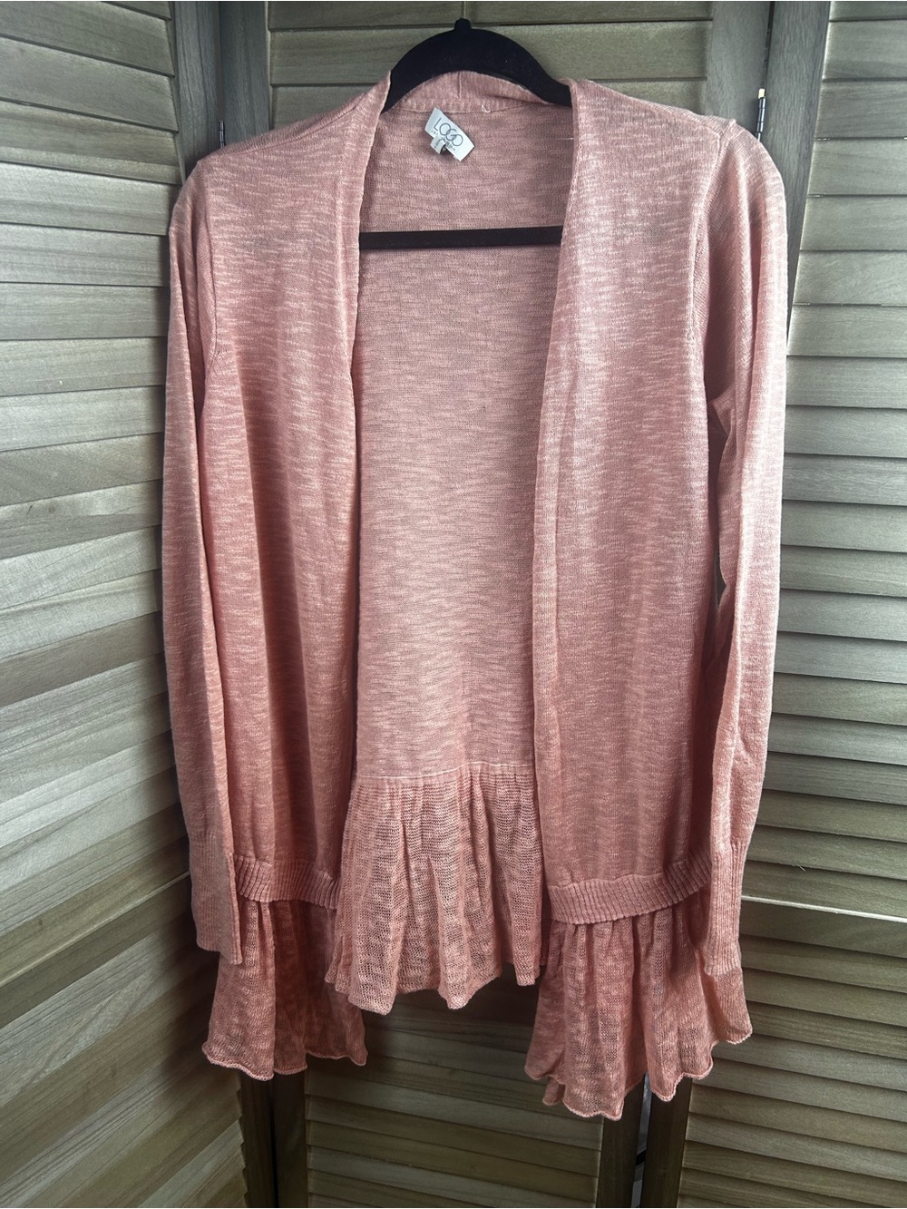 LOGO Lori Goldstein Pink/ Coral Ruffle Hem Open Front Cardigan S Linen Blend